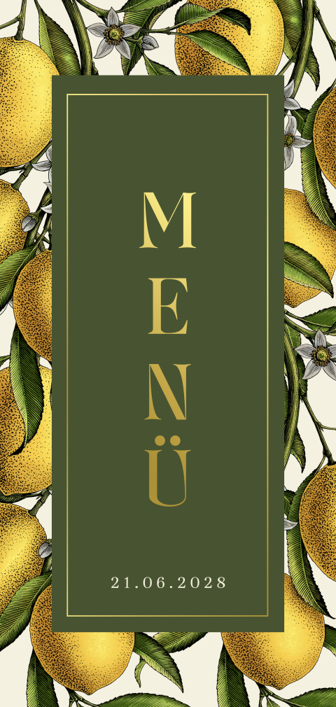 Mediterrane Menükarte zur Hochzeit mit Zitronen, Blättern und Blüten