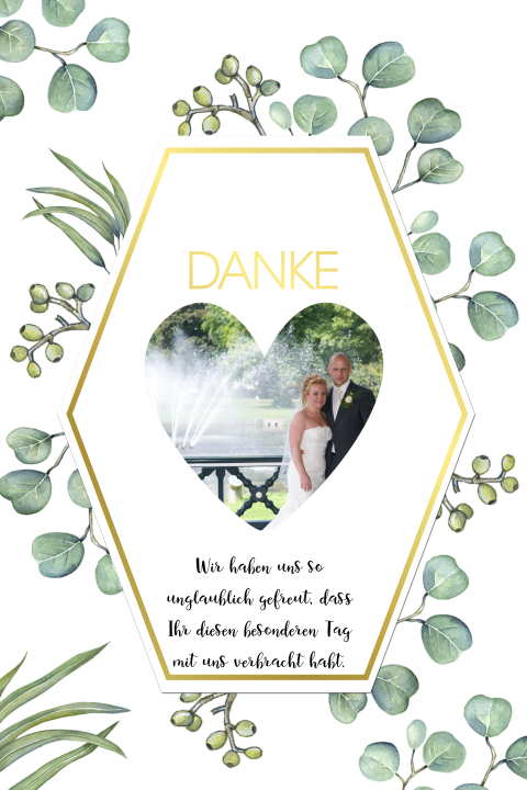 Danksagung mit Text und Fotoherz in Sechseck und diversen Zweigen