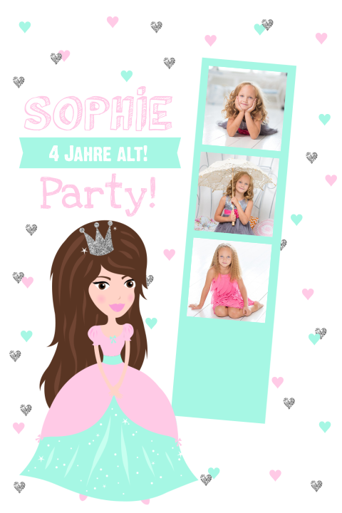 Einladung zum Kindergeburtstag mit Prinzessin und Polaroidfoto