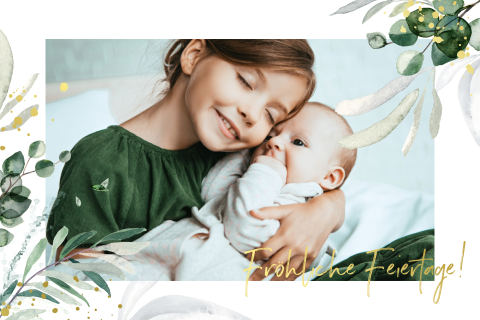 Florale Weihnachtskarte mit Goldfolie Vereledung und eigenem Foto