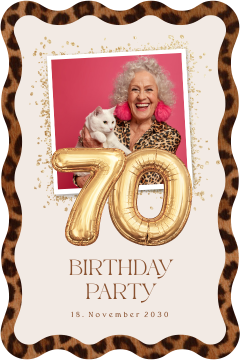 Einladung 70. Geburtstag mit gewelltem Rand, Foto und Leopardenmuster	