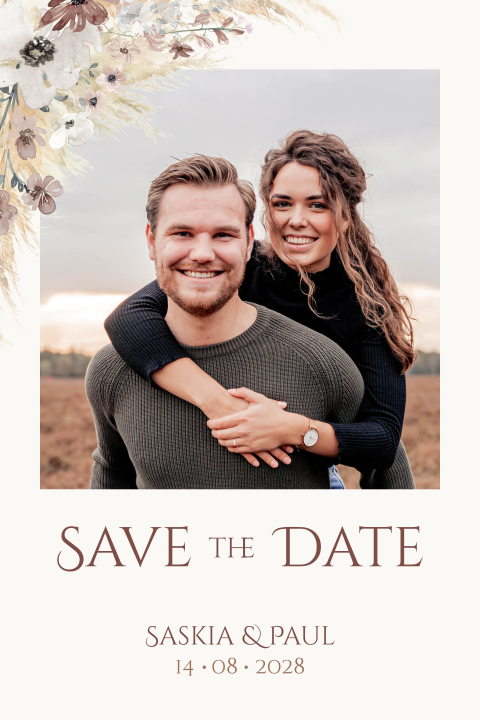 Beige Save the Date Karte mit Foto und Aquarell-Blumen