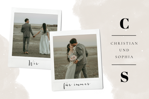 Danksagungskarte Hochzeit Rosa mit Retro-Fotos und Aquarellen