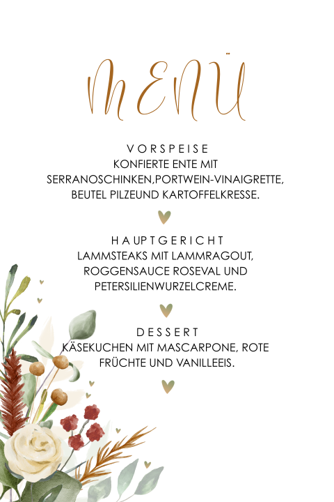 Menükarte mit romantischen roten Blumen