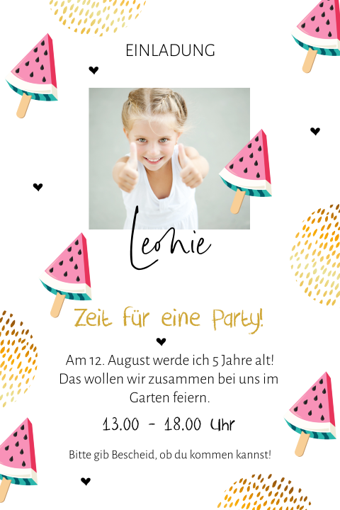 Farbenfrohe Einladung Sommergeburtstag für Kinder mit Foto