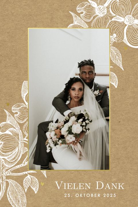 Goldfolie Dankeskarte mit weißen Blumen und Foto in Kraft-Look