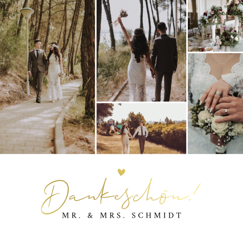 Quadratische Dankeskarte Hochzeit mit 5 Fotos und Goldfolie