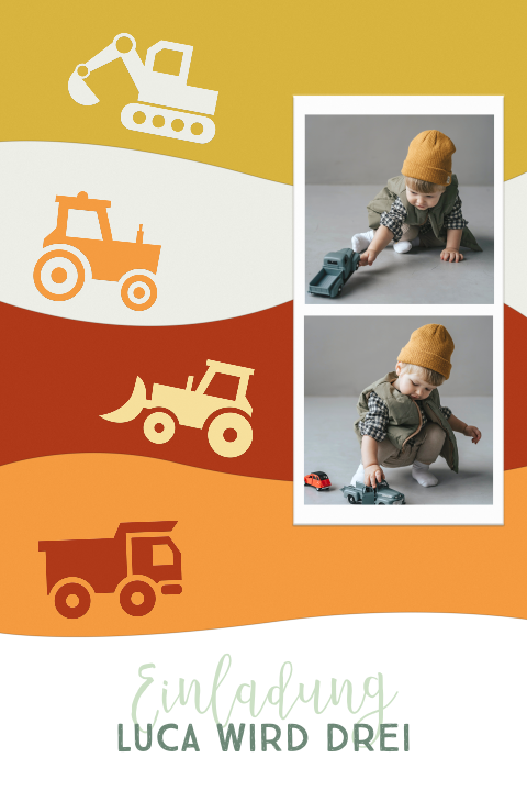 Hochformat Einladungskarte zum Kindergeburstag mit Bagger