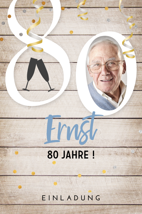 Hippe Geburtstagseinladung mit Holzlook und Foto