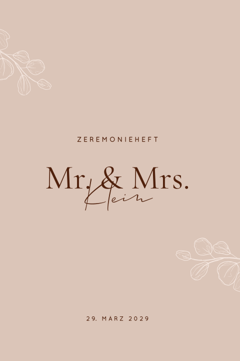 Zeremonieheft in Beige mit gezeichneten Blätterzweigen und schlichter Schrift