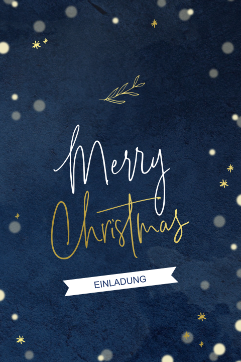 Einladung in Weihnachtsambiente in Goldfolie und Blau mit Zweigen