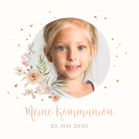 Einladung zur Kommunion mit Foto und süße Blumen