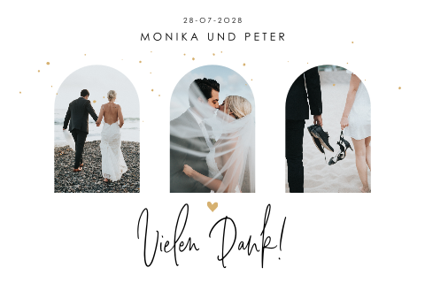 Dankeskarte Hochzeit mit drei Foto's in bogenform