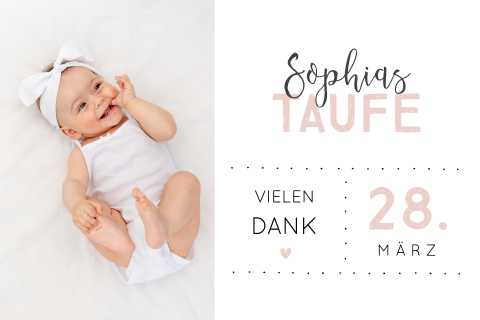 Dankeskarte Tauffeier mit Foto und rosa Schrift