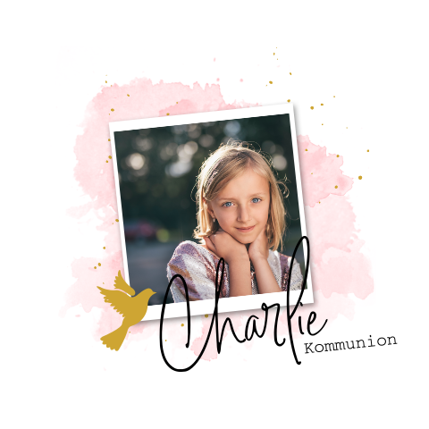 Einladung zur Kommunion mit rosa Aquarell, Taube und Foto