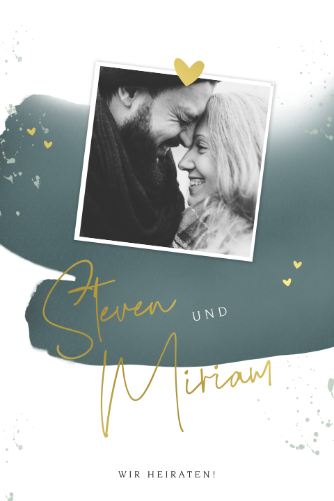 Aquarell Hochzeitseinladung mit Paarfoto und Goldfolien-Akzenten