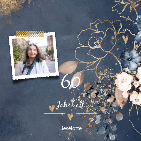 Einladung zum 60sten Geburtstag mit Blumen und Foto Doppelkarte