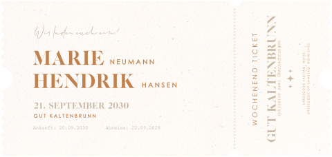 Einladung für Wochenendhochzeit im Ticketstil