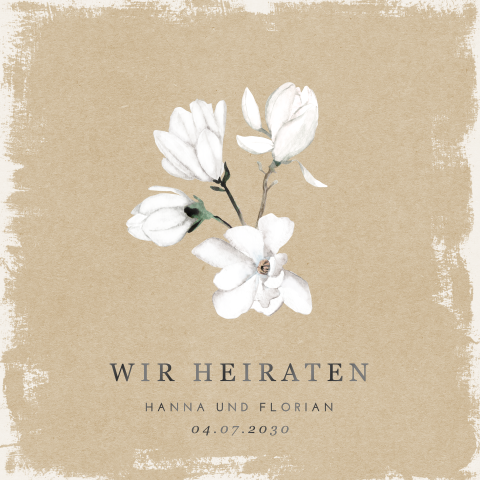 Vintage Hochzeitskarte mit weißen Blumen und Kraftpapier-Look