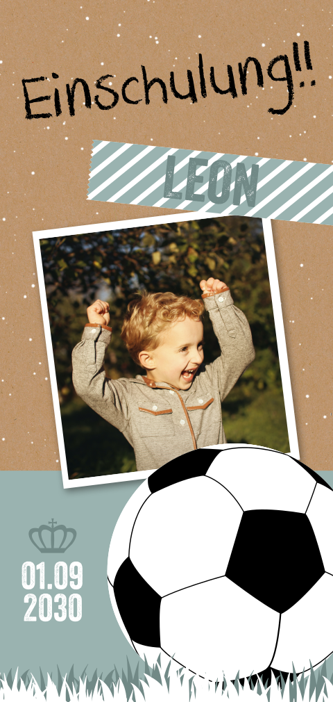 Einschulungskarte mit Foto, Ballon und Kraft-Look