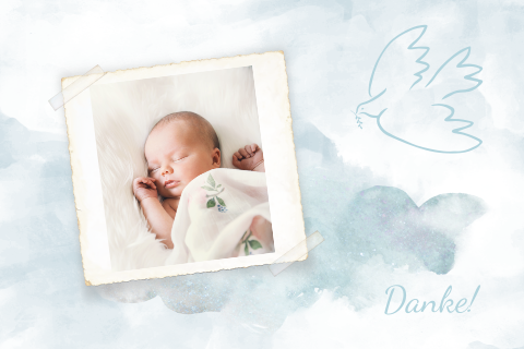 Dankeskarte Taufe mit Foto, Taube und blauem Aquarell-Look
