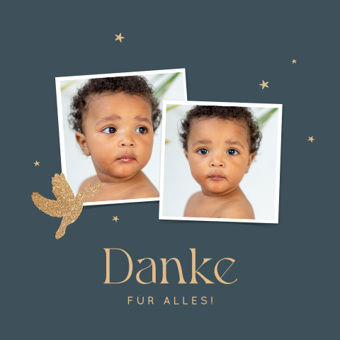 Elegante Dankeskarte zur Taufe mit zwei Fotos und Friedenstaube