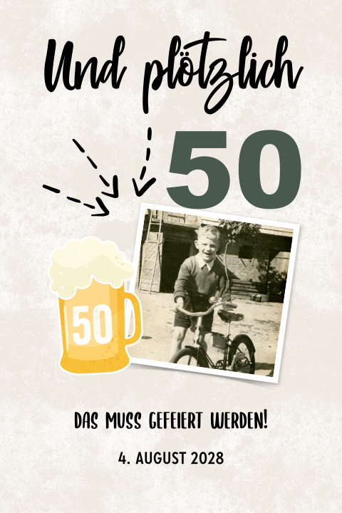 50 Jahre Geburtstagseinladung mit Bierglas und Foto