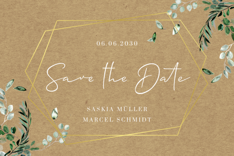 Save the date Karte im Kraft-Look mit Eukalyptuszweigen und Goldfolie