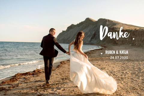Dankeskarte Hochzeit mit Herzen und Strandfoto