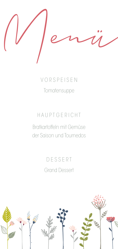 Menükarte mit Blumen und zierlicher Schrift