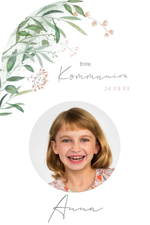 Einladung zur Kommunion in Bogenform mit Foto und Zweigen