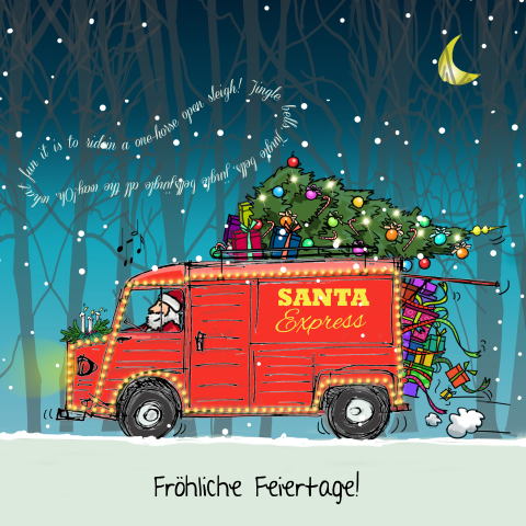 Romantische Weihnachtskarte mit rotem Bus