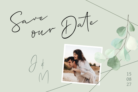 Save the Date Karte Grün mit Eukalyptus und Linien