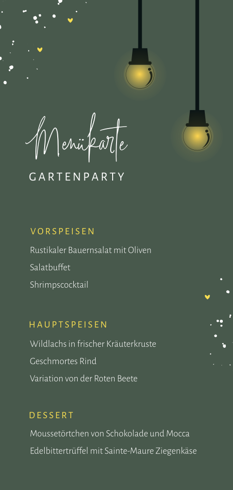 Menükarte mit Lichter und Herzchen in Grün