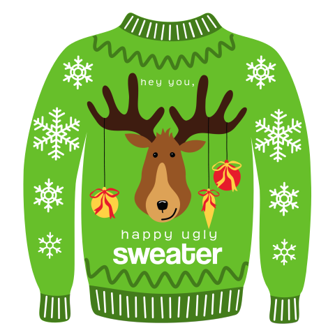 Weihnachtskarte in Ugly-Sweater Form mit Rentier und Schneeflocken
