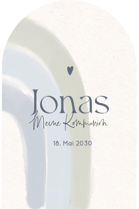 Einladung zur Kommunion in Bogenform mit blauem Aquarell-Regenbogen