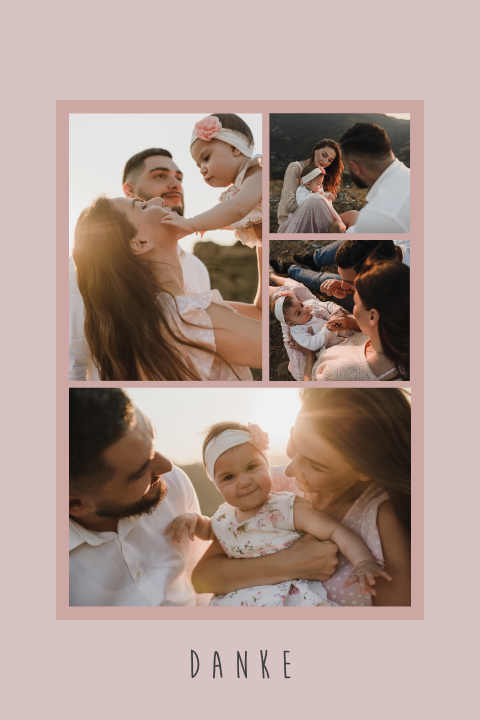 Dankeskarte zur Geburt mit 4 Fotos und rosa Hintergrund