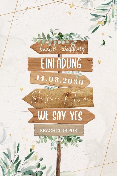 Botanische Einladungskarte Hochzeit mit Wegweiser