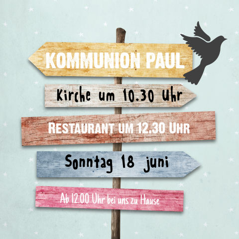 Trendy Kommunioneinladung mit Strandpfosten mit Wegweisern