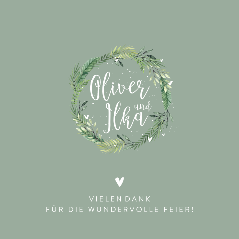 Dankeskarte Hochzeit mit Blätterkranz und Herz