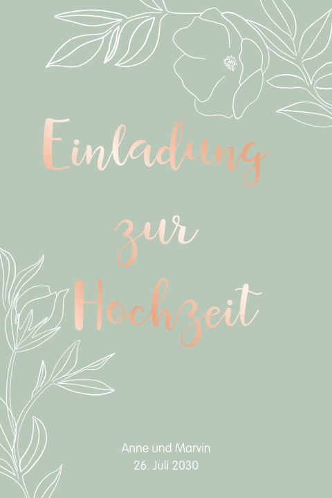 Florale Hochzeitskarte mit Roségoldfolie und Zweigen
