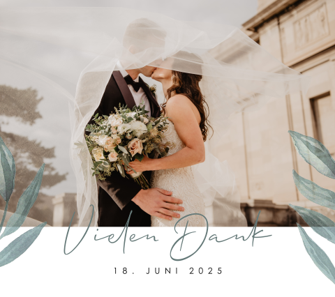 Moderne Dankeskarte mit Foto, grünen und beigen Zweigen