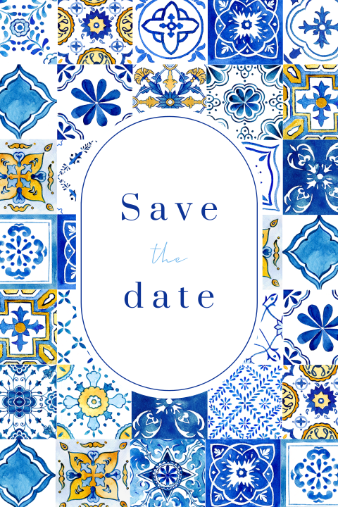 Romantische Save the Date Karte mit blauen Fliesen im Portugal-Look