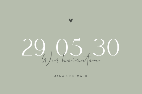 Stilvolle Hochzeitseinladung mit Tagesablauf und Herz in Grün