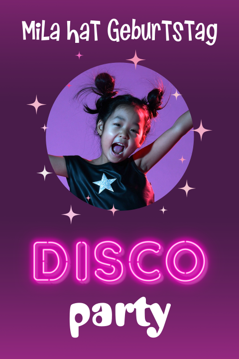 Einladung zum Disco-Kindergeburtstag mit eigenem Bild und Neonschrift