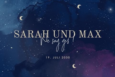 Hochzeitseinladung mit Wasserfarben-Sternenhimmel mit goldenen Monden