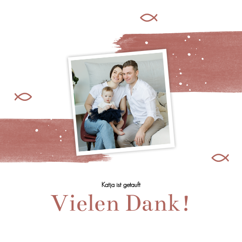 Einfache Dankeskarte zur Taufe mit Fotos, Farbstreifen und Ichthys