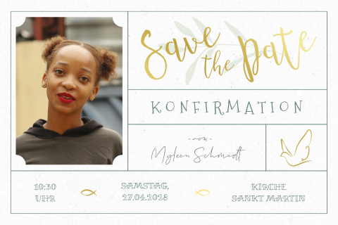Save my date Konfirmation-Einladung in Ticketform mit Goldfolie