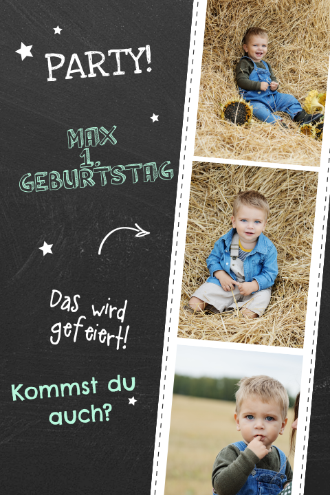 Einladungskarte 1. Geburtstag mit Fotostreifen auf Tafel für Jungen