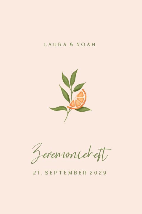 Sommerliches Zeremonieheft mit Orangenzweigen und eleganter Schrift